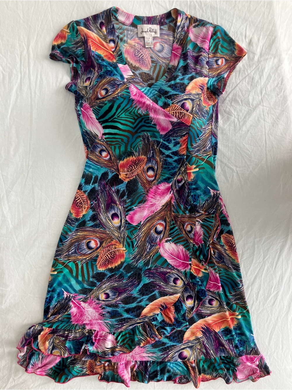 🦚 Joseph Ribkoff Peacock Feather Ruffle  Dress | Size 10 | Made in Canada